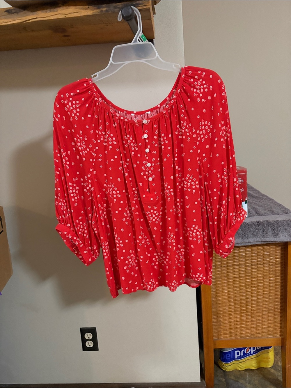 Women's Red Floral Peasant Blouse with Button Placket